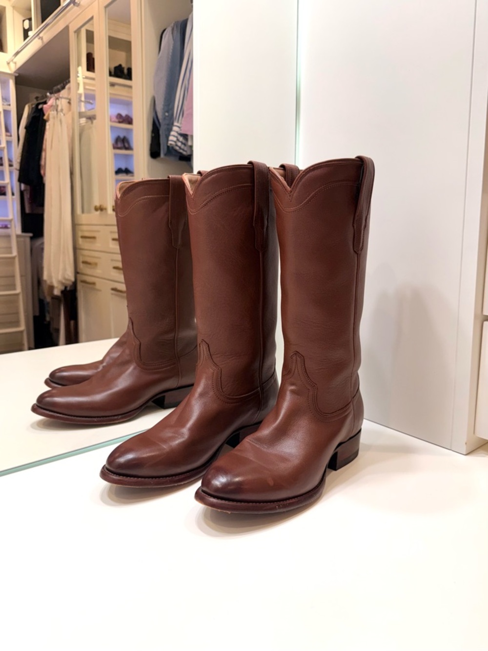 Tecovas Tan and Brown Leather Wide Cowboy Boots - Picture 2 of 8